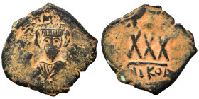 Phocas, 602-610. 3/4 Follis or 30 Nummi (bronze, 8.52 g, 32 mm), Nicomedia. Crowned, draped and cuirassed facing bust. Rev. Large XXX; [regnal year] t...