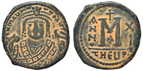 Maurice Tiberius, 582-602. Follis (bronze, 10.97 g, 28 mm), Theoupolis (Antioch). d N MAVRI C N P AVT Crowned bust of Maurice facing, wearing consular...