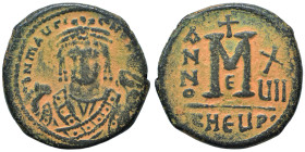 Maurice Tiberius, 582-602. Follis (bronze, 11.01 g, 28 mm), Theoupolis (Antioch). d N MAVRI C N P AVT Crowned bust of Maurice facing, wearing consular...