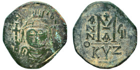 Maurice Tiberius. 582-602. Follis (bronze, 12.71 g, 30 mm), Cyzicus. Crowned and curiassed facing bust, holding globus cruciger and shield. Rev. Large...