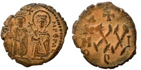 Phocas, with Leontia, 602-610. Half Follis (bronze, 4.39 g, 21 mm),Theoupolis (Antioch). D N FOCA NЄ PЄ AVG Phocas, holding globus cruciger, and Leont...