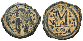 Heraclius, with Heraclius Constantine. 610-641. Follis (bronze, 12.23 g, 31 mm), Constantinople. Heraclius and Heraclius Constantine standing facing, ...