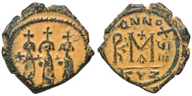 Heraclius, with Martina and Heraclius Constantine, 610-641. Follis (bronze, 6.69 g, 23 mm), Cyzicus. Heraclius between Martina, on left, and Heraclius...