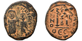 Heraclius, with Heraclius Constantine, 610-641. Follis (bronze, 9.26 g, 28 mm), Thessalonica. Heraclius and Heraclius Constantine standing facing, eac...