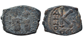 Heraclius, with Heraclius Constantine, 610-641. Half Follis (bronze, 5.61 g, 22 mm), Thessalonica. Heraclius, on the left, standing facing, wearing cr...