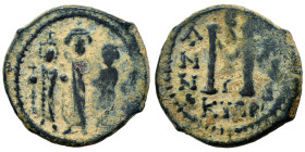 Heraclius, with Martina and Heraclius Constantine, 610-641. Follis (bronze, 6.50 g, 24 mm), Cyprus mint. Martina, Heraclius, and Heraclius Constantine...