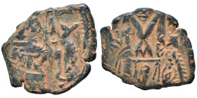 Heraclius, with Heraclius Constantine, 610-641. Follis (bronze, 5.85 g, 28 mm). Overstruck follis. Good fine.