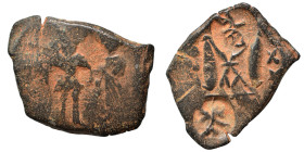Heraclius, with Heraclius Constantine, 610-641. Follis (bronze, 5.43 g, 28 mm). Overstruck follis, 2x c/m on reverse. Good fine.
