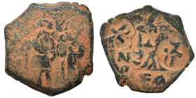 Heraclius, with Heraclius Constantine, 610-641. Follis (bronze, 6.52 g, 27 mm), Arab Byzantine war issue. Military mint in Palestine, likely Neapolis ...