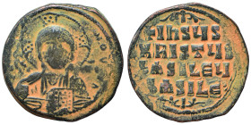 Anonymous, time of Basil II and Constantine VIII, 976-1028. Follis (bronze, 12.01 g, 32 mm), Constantinople. +EMMA-NOVHΛ bust of Christ facing, wearin...