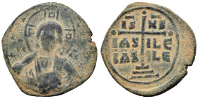 Anonymous, time of Romanus III, 1028-1034. Follis (bronze, 9.97 g, 29 mm), Constantinople. +ЄMMANOVHΛ Nimbate bust of Christ facing, wearing tunic and...