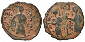Constantine X Ducas, with Eudocia, 1059-1067. Follis (bronze, 4.57 g, 24 mm), Constantinople. +ЄΜΜΑΝΟVHΛ Christ Emmanuel standing facing on footstool,...