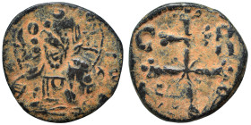 Nicephorus Basilacius, 1078. Follis (bronze, 3.57 g, 22 mm), Thessalonica. IC - XC Facing bust of Christ Pantokrator. Rev. C - B / N - B Jewelled patr...