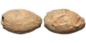 Sling bullet, 4th-1st centuries BC. (lead, 34.88 g, 29x18 mm). EYBOYΛIΔAΣ Torch or fork (?). Peter Weiss, Niels Draskowsk 16. From the collection of R...