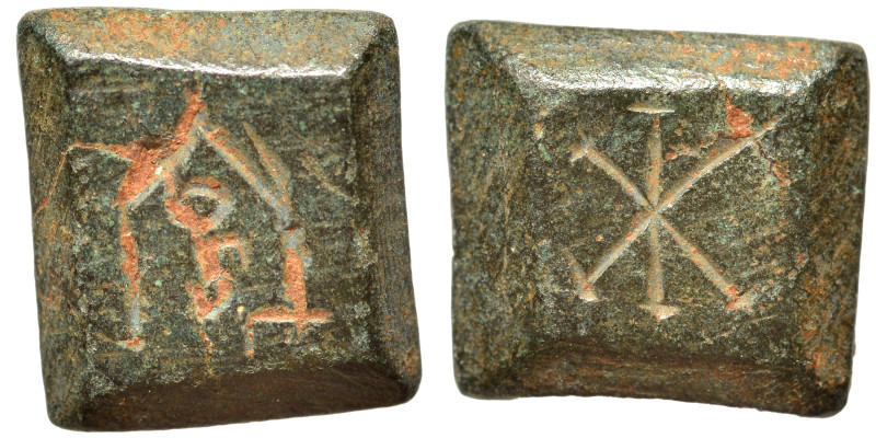 Byzantine weight (bronze, 4.18 g, 12x11 mm). Very fine.