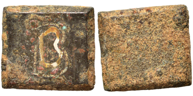 Byzantine weight (bronze, 2.25 g, 12x11 mm). Very fine.