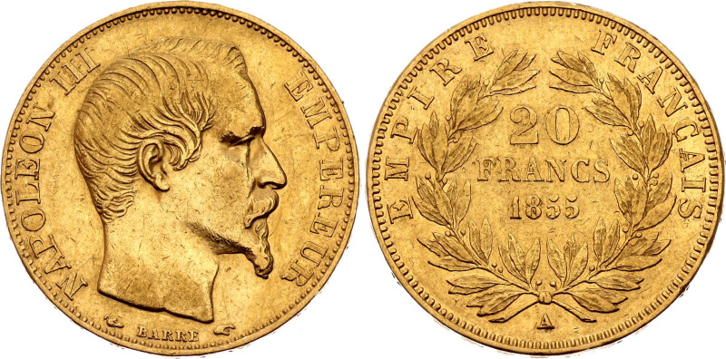 France 20 Francs 1855 A

KM# 781, N# 3390; Gold (.900) 6.45 g.; Napoleon III; ...