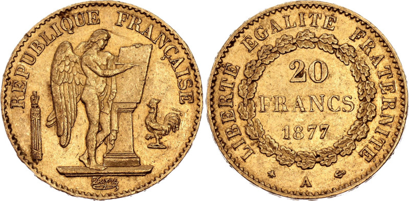 France 20 Francs 1877 A

KM# 825, N# 3654; Gold (.900) 6.45 g.; XF+