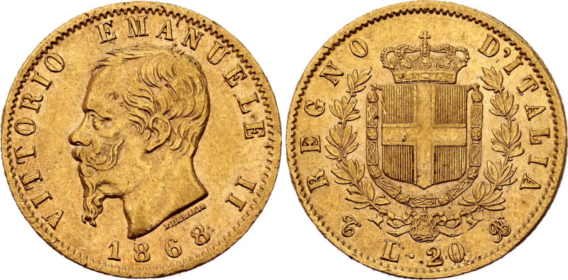 Italy 20 Lire 1868 T BN

KM# 10.1, N# 17714; Gold (.900) 6.45 g.; Vittorio Ema...