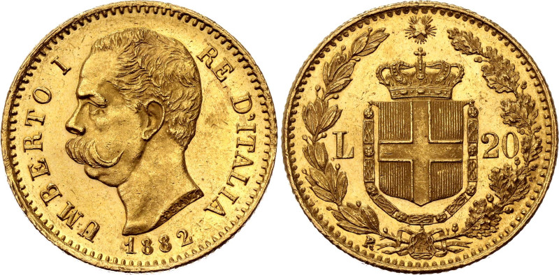 Italy 20 Lire 1882 R

KM# 21, N# 19764; Gold (.900) 6.45 g.; Umberto I; UNC- w...