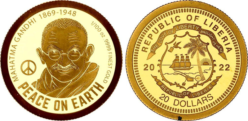 Liberia 20 Dollars 2022

Gold (.999) 0.31 g.; Peace on Earth.; UNC