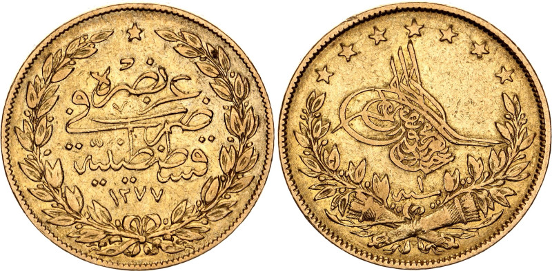 Ottoman Empire 100 Kurush 1861 AH 1277

KM# 696, N# 22156; Gold (.917) 7.21 g;...