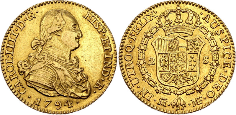 Spain 2 Escudos 1794 MMF

KM# 435.1, N# 23353; Gold (.875) 6.70 g.; Carlos IV;...