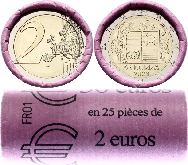 Andorra 25 x 2 Euro 2023 Mint Roll

KM# 527, Schön# 508, N# 68395; Bimetallic;...