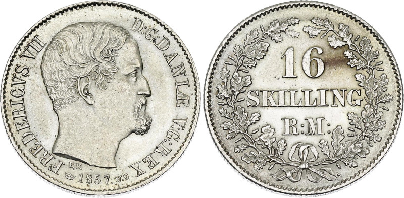 Denmark 16 Skilling Rigsmont 1857 VS

KM# 765, N# 22113; Silver 3.98 g.; Frede...