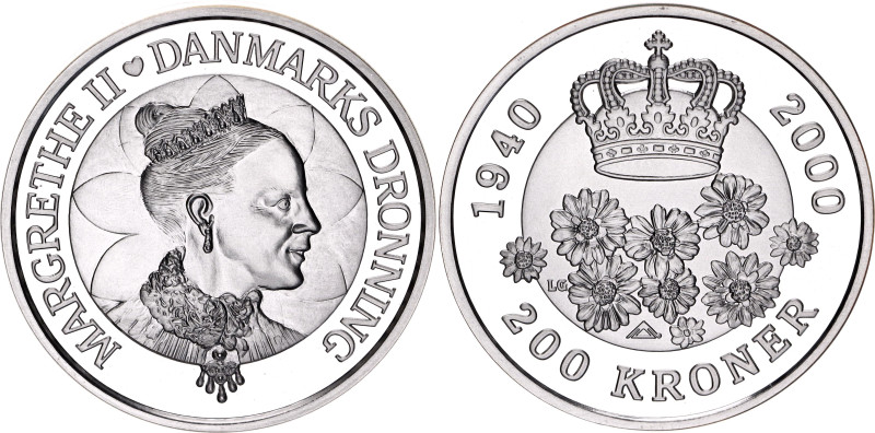 Denmark 200 Kroner 2000 LG

KM# 886, N# 31029; Silver 31.32 g., Proof; Queen M...