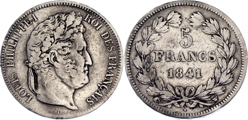 France 5 Francs 1841 W

KM# 749.13, N# 3653; Silver 24.42 g.; Louis Philippe I...