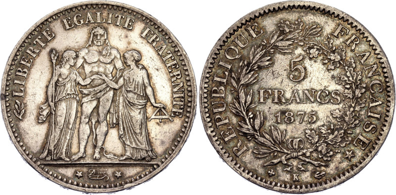 France 5 Francs 1875 K

KM# 820.2, N# 1187; Silver 25.00 g.; Paris Mint; XF/UN...