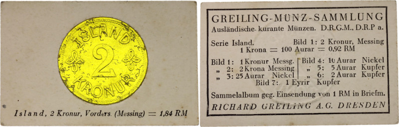 Iceland 2 Kronur 1925 - 1940 German Collector's Coin Card

KM# 4, N# 6021; Cri...