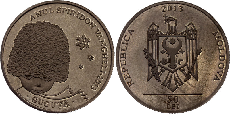 Moldova 50 Lei 2013 Pattern

Coin alignment; Tin 13.51 g., 28 mm., Proof; Gugu...