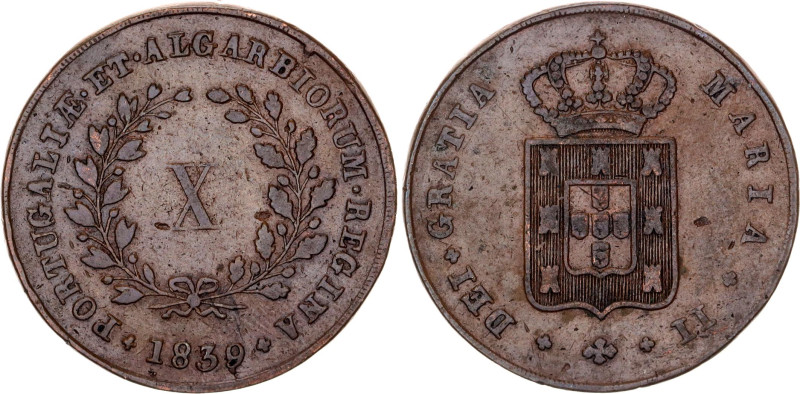 Portugal 10 Reis 1839 Overdate

KM# 406, Gomes# M2 13,04, N# 35326; Copper; Ma...