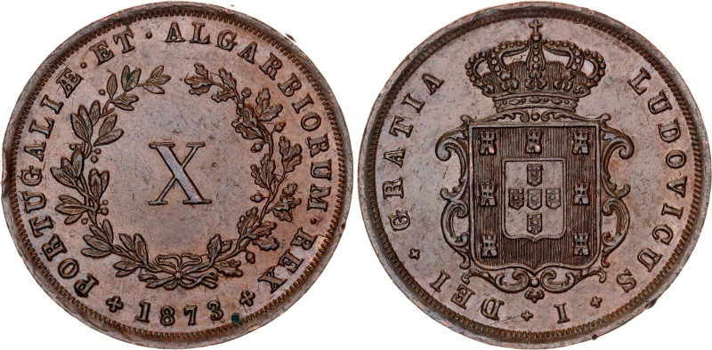 Portugal 10 Reis 1873

KM# 514, Gomes# L1 04,05, N# 777; Copper; Luís I; Lisbo...