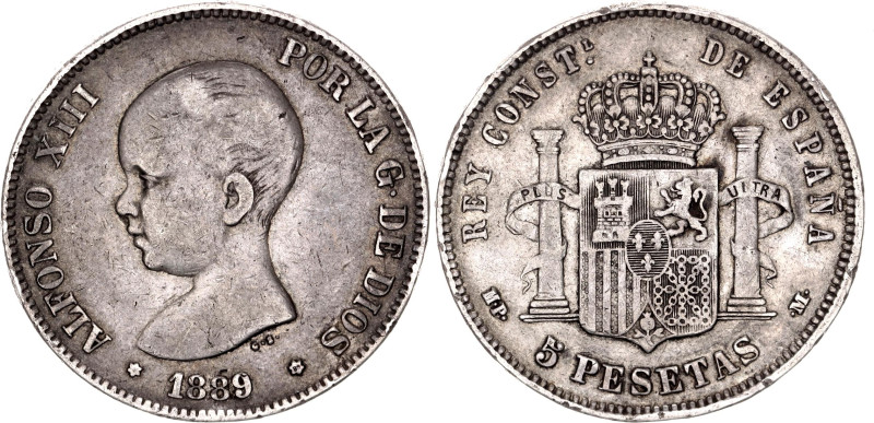 Spain 5 Pesetas 1889 (*1889) MP M

KM# 689, Cal# 14, N# 4009; Silver 24.79 g.;...