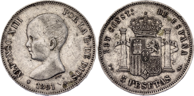 Spain 5 Pesetas 1891 (*1891) PG M

KM# 689, Cal# 17, N# 4009; Silver 24.93 g.;...