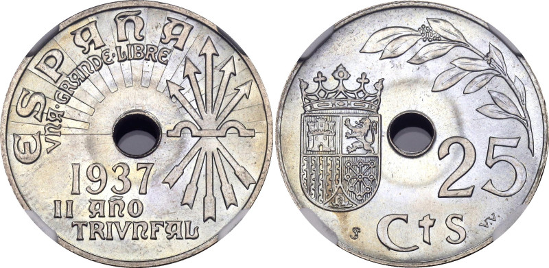 Spain 25 Centimos 1937 NGC MS66

KM# 753, Cal# 123, N# 3971; Copper-nickel; Wi...