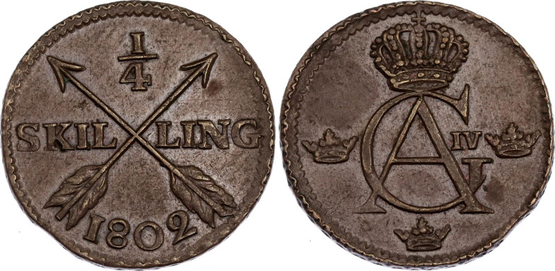 Sweden 1/4 Skilling 1802

KM# 564, N# 8786; Copper; Gustav IV Adolf; Avesta Mi...