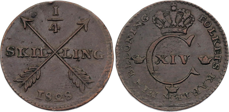 Sweden 1/4 Skilling 1828

KM# 595, N# 4094; Copper; Carl XIV Johan; UNC