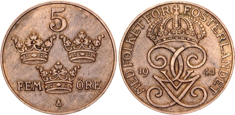 Sweden 5 Ore 1942 Key Date

KM# 779.2, Schön# 22, N# 1470; Bronze; Gustaf V; S...