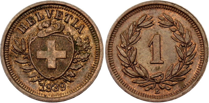 Switzerland 1 Rappen 1939 B Key Date

KM# 3.2, Schön# 15, N# 161; Bronze; Mint...