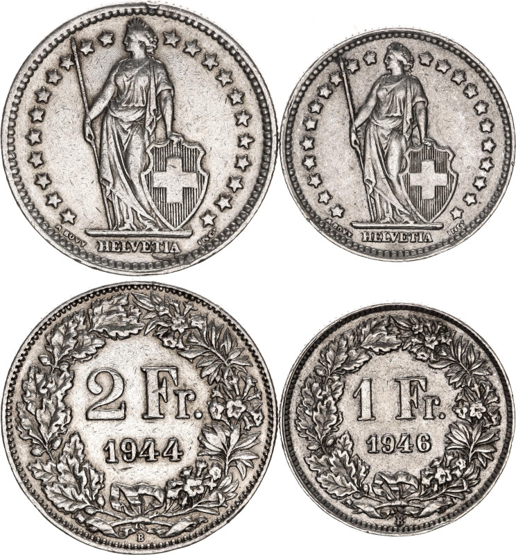 Switzerland 1 - 2 Francs 1944 - 1946 B

KM# 21, 24; Silver., Total weight: 14....