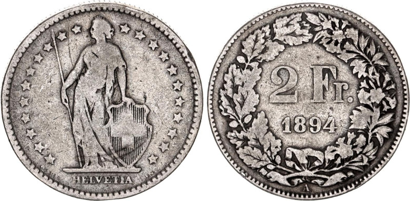 Switzerland 2 Francs 1894 A

KM# 21, Schön# 29, N# 188; Silver 9.65 g.; Mintag...