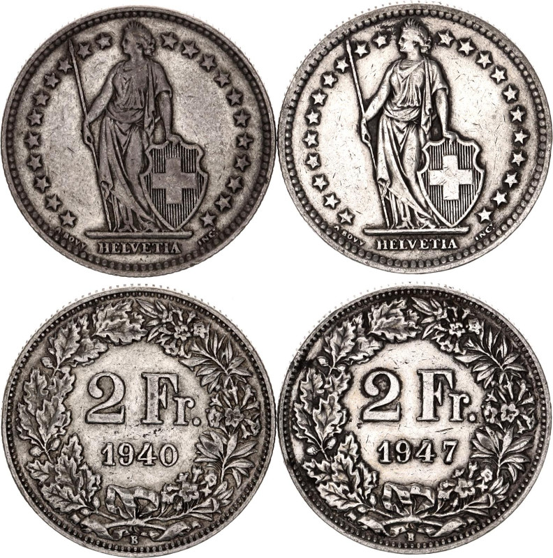 Switzerland 2 x 2 Francs 1940 - 1947 B

KM# 21, Schön# 29, N# 188; Silver 19.8...