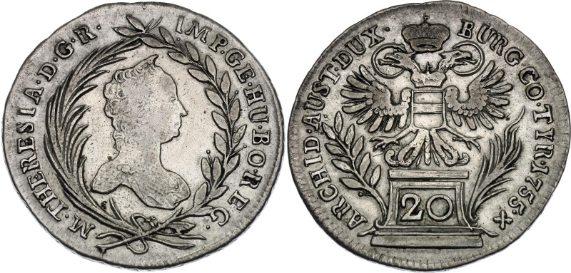 Austria 20 Kreuzer 1755

KM# 1814, N# 7072; Silver 6.68 g.; Maria Theresia; Vi...