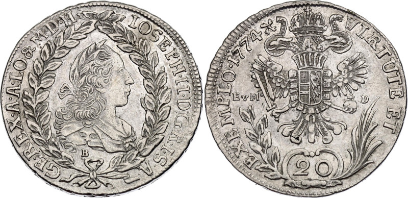 Austria 20 Kreuzer 1774 B EVM D

KM# 2067.1, N# 22599; Silver 6.68 g.; Joseph ...