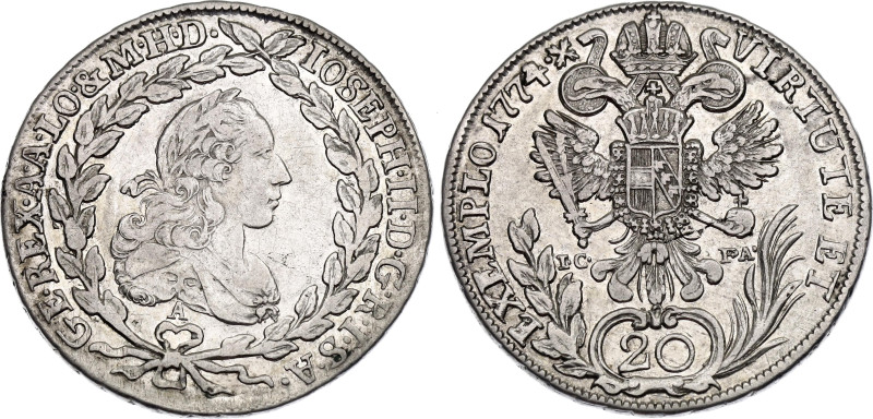 Austria 20 Kreuzer 1775 A IC FA

KM# 2067.1, N# 22599; Silver 6.68 g.; Joseph ...