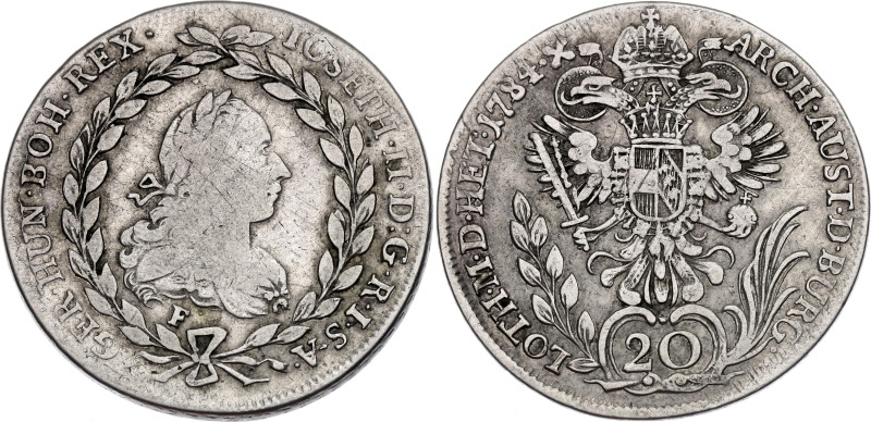 Austria 20 Kreuzer 1784 F

KM# 2068.2, N# 89654; Silver 6.68 g.; Joseph II; Ha...